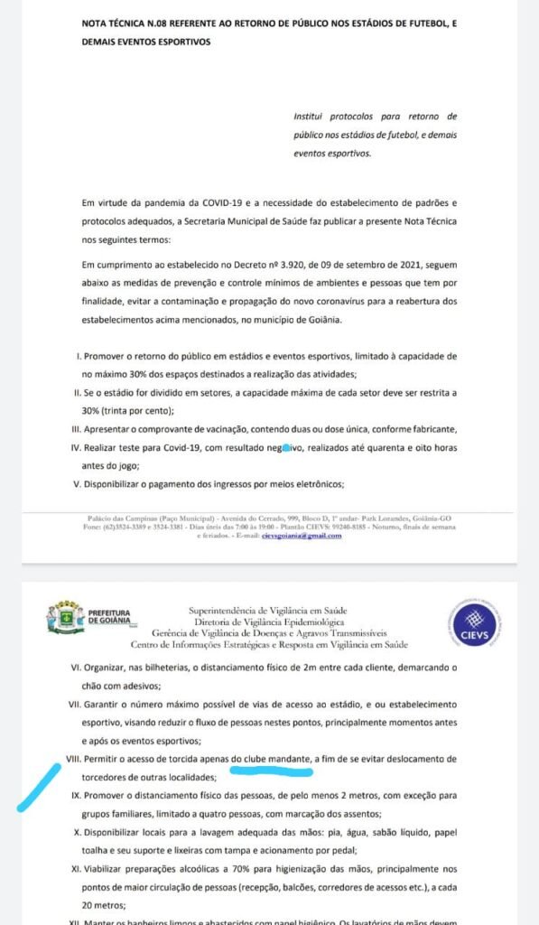 Nota técnica da Prefeitura de Goiânia por enquanto não libera torcida visitante